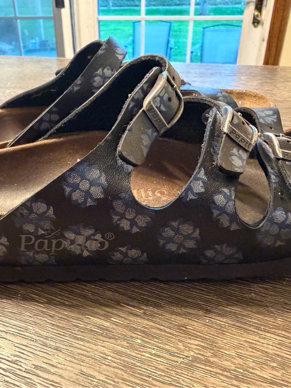Papillio by Birkenstock. Black Floral Triple-Buckle Sandals. B136/137